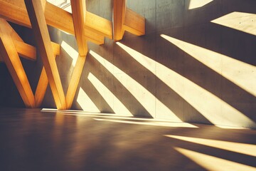 Aufkleber - Sunlight creates dynamic patterns as it passes through wooden beams inside a spacious room, showcasing an interplay of light, shadow, and architectural elements that stir imagination.