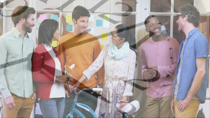 Poster - Animation of moving clock over diverse colleagues having meeting in office
