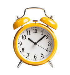 Classic yellow alarm clock showing time in daytime, transparent