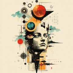 Wall Mural - A surreal portrait blending human features with cosmic elements and abstract shapes.