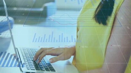 Poster - Animation of financial data processing over biracial businesswoman using laptop in office