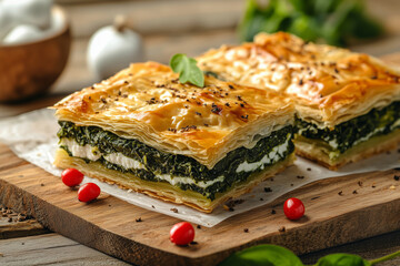 A delicious homemade spanakopita pie showcasing layers of flaky phyllo, vibrant spinach, and creamy feta cheese in a rustic kitchen setting