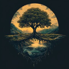 Wall Mural - A surreal tree with roots reflecting in water, surrounded by mountains and a glowing sky.