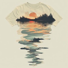 Wall Mural - A surreal t-shirt design featuring a sunset landscape reflected in water.