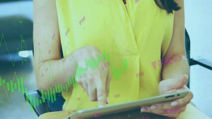 Poster - Animation of financial data processing over biracial businesswoman using tablet in office