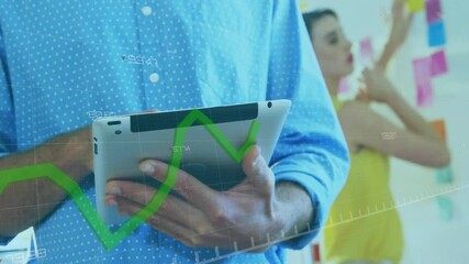 Poster - Animation of financial data processing over biracial businessman using tablet in office