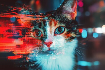 Sticker - Futuristic cat portrait with digital glitch effect and neon colors.