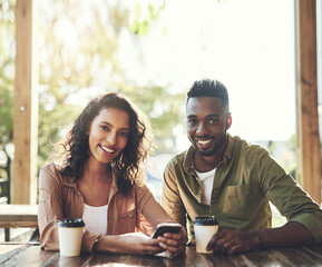 Sticker - African couple, smile and restaurant with phone for communication and conversation with drink. Woman, man and interracial relationship with smartphone on coffee shop date with happy bonding portrait