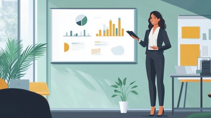 Poster - business professional presents data analysis in modern office setting with charts and graphs during 