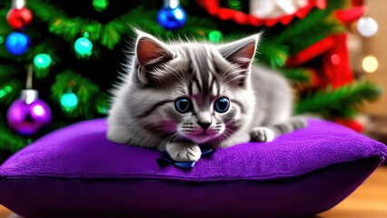 Wall Mural - Funny surprised kitten gray-white Scottish fluffy kitten all wrapped up from head to paws tangled in garland, on the background of Christmas living room Christmas tree