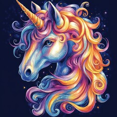 Wall Mural - A vibrant and colorful illustration of a unicorn with a flowing mane against a dark background.