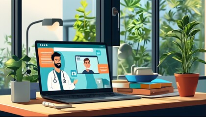 Wall Mural - Virtual healthcare consultation through video call between patient and doctor, illustrating the essence of online medicine and telemedicine connectivity.