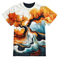 Sticker - A vibrant artistic t-shirt featuring a swirling tree design in warm autumn colors.