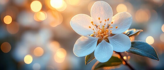 Poster - Close-up of a Delicate White Flower with Golden Bokeh