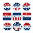 © Zhanna Bard - Vote stickers set with American flag. Voter badge. Vote buttons on election day. USA election campaign pins.