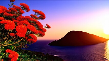 Wall Mural - the sun is setting over the ocean on a cloudy day, red blooming flowers, hills and ocean.