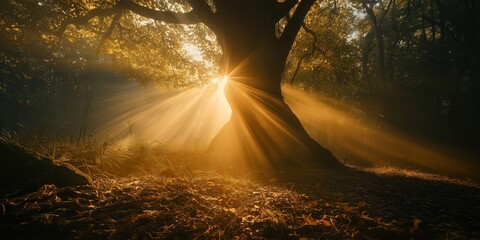 Wall Mural - Golden sunlight beams through the trunk of a grand tree, casting warm light over a tranquil forest clearing.