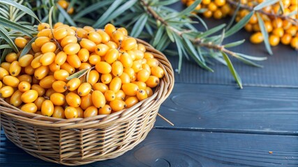 Basket filled with fresh sea buckthorn berries on dark wooden table with green leaves