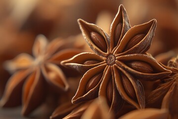 Close-up image emphasizing the detailed and beautiful star anise spice with its characteristic star shape and rich, warm brown hue in a macro perspective.