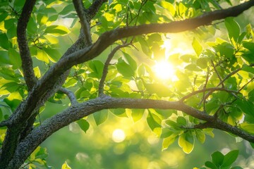 Poster - This image captures the enchanting scene of sunlight breaking through a verdant tree canopy, creating a beautiful, natural interplay of light and shadow among green leaves.