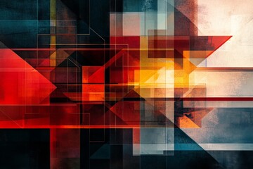 Leinwandbilder - This dynamic abstract artwork is dominated by striking red and yellow hues, combined with geometric shapes and lines, creating a bold and eye-catching composition.