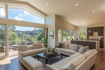 Wall Mural - This modern living area offers a stunning view of the outdoors from large windows, featuring plush sofas, sleek decor, and an open space leading to a deck for outdoor relaxation.