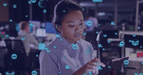 Poster - Animation of network of connections with icons over biracial businesswoman using tablet in office