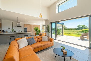 Leinwandbilder - A spacious living area with large windows that provide a scenic view of the outdoors, featuring a comfortable sofa, contemporary decor, and an open layout for a relaxed atmosphere.