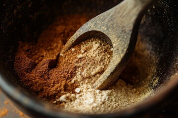 Aufkleber - A close-up shot showing a variety of spices being mixed and stirred with a wooden spoon in a rustic bowl, emphasizing the vibrant colors and textures of the fresh, aromatic ingredients.