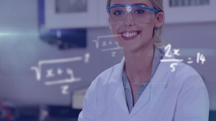 Wall Mural - Animation of mathematical equations over caucasian female scientist in lab