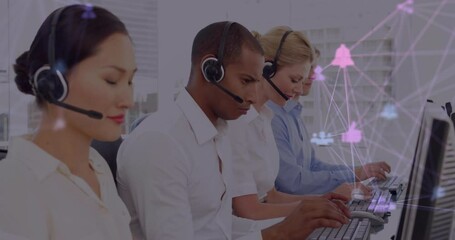 Poster - Animation of network of connections with icons over diverse colleagues using phone headsets