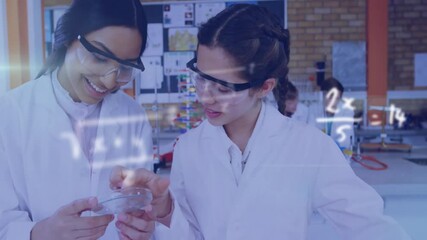 Poster - Animation of mathematical equations over diverse female students doing experiment in lab