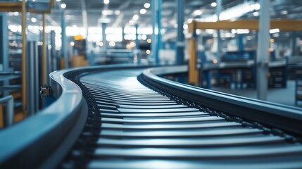 Sticker - Conveyor belt in a modern warehouse facility transporting goods during daylight hours