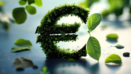 Eco-friendly Euro symbol crafted from fresh leaves, representing the European Unions dedication to sustainability and promoting green economic growth initiatives