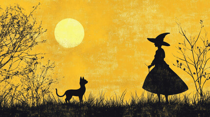 A woman in a witch costume is standing in a field with a cat