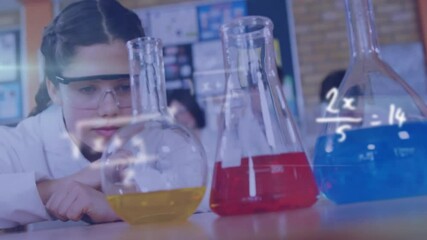 Canvas Print - Animation of mathematical equations over caucasian female student looking at vials in lab