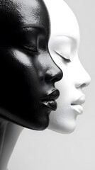 Wall Mural - Black and white photograph of two women's faces. One is white with closed eyes, the other has dark skin color