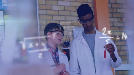 Poster - Animation of mathematical equations over diverse male students doing experiment in lab