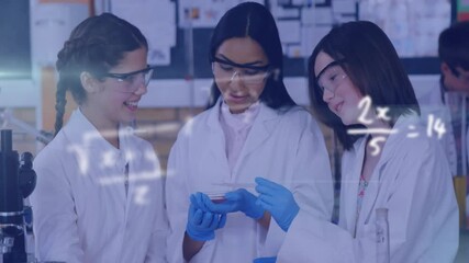 Poster - Animation of mathematical equations over diverse female students doing experiment in lab