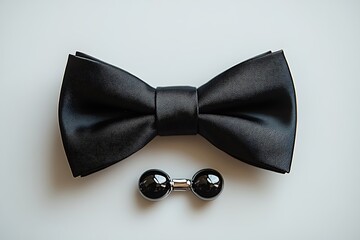 Black bow tie and cufflinks on a white surface, groom's accessories