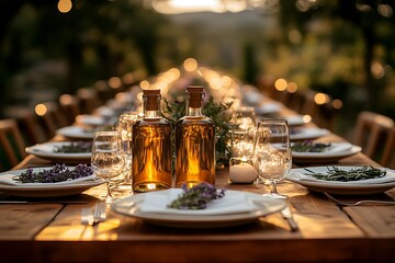 Provence-style wedding reception table set at sunset with olive oil favors