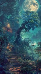 Wall Mural - Enchanted Forest House Under Moonlight - Fantasy Landscape Art