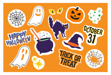 Fun and spooky set of Halloween vector stickers. You can use these for print or to spice up invitations, cards, banners, social media posts.