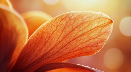 Sticker - Close-up of a vibrant orange flower petal illuminated by soft sunlight during golden hour