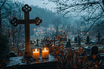 Two Burning Candles on a Gravestone in a Cemetery