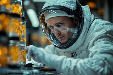 Poster - a researcher testing the impact of microgravity on biological samples in a space lab. concept of spa