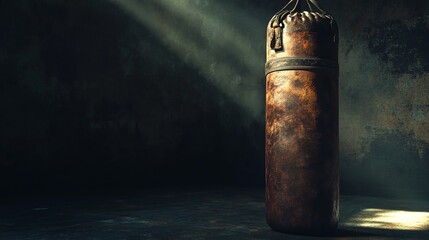 An antique leather punching bag in a dark room with an ethereal spotlight is rendered in three dimensions.