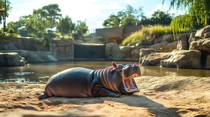 yawning hippopotamus at the zoo