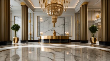 Luxury hotel lobby interior, with white marble design, large crystal chandelier and gold sculpture.