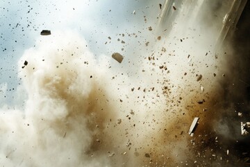 Aufkleber - This intense image captures the moment of a powerful explosion with debris and dust particles flying through the air, conveying a sense of chaos and destruction.